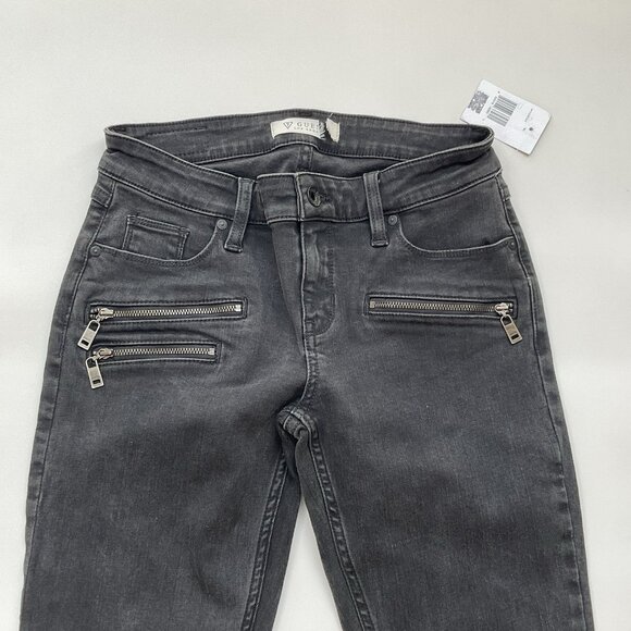 Guess Women’s Moto Zip Skinny Jeans In Black With Knee Silver Patch Size 27 - Picture 6 of 14